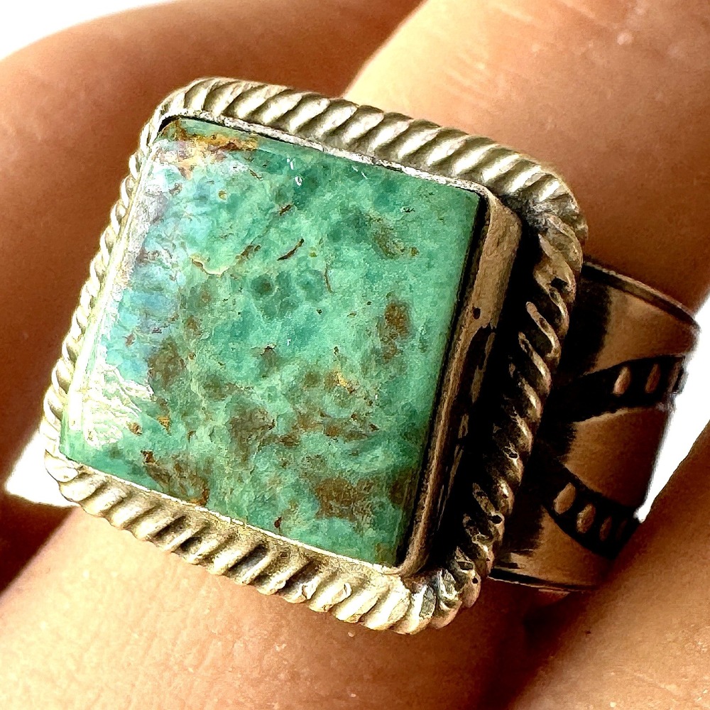 Navajo Mens Turquoise Ring Sz 9 Signed Tillie Jon Sterling Wide Band Native